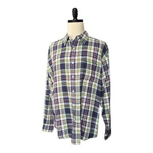 J. Crew Linen Plaid long sleeve button down semi spread collar casual shirt | XL